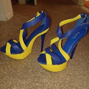 Cute Yellow & Royal Blue Stiletto Platform Heels Size 8
